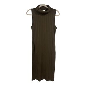 Nine West Womens Olive Green Ribbed Sleeveless Turtleneck Midi Sheath Dress L